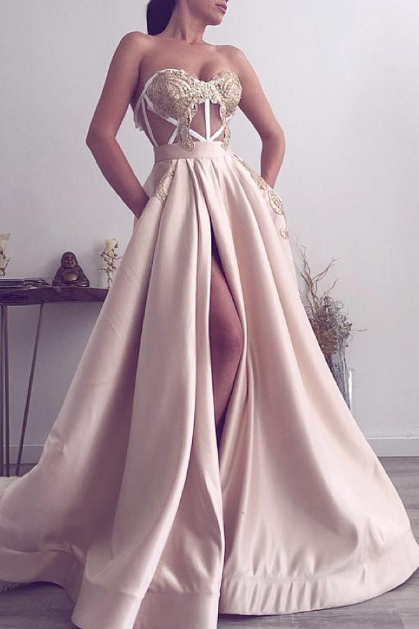 Modern Long Prom Dress Slit Ball Dresses Appliques Sweetheart