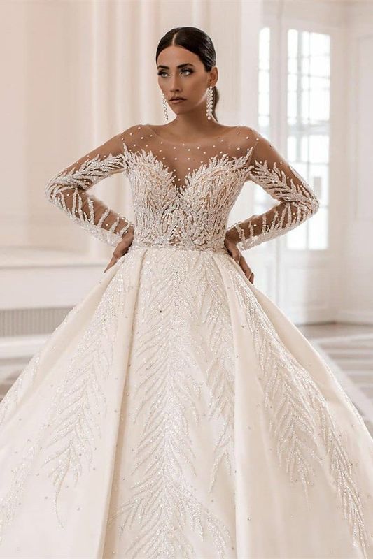 Modern Long Sleeve Ball Gown Wedding Dress With Beadings On Sale