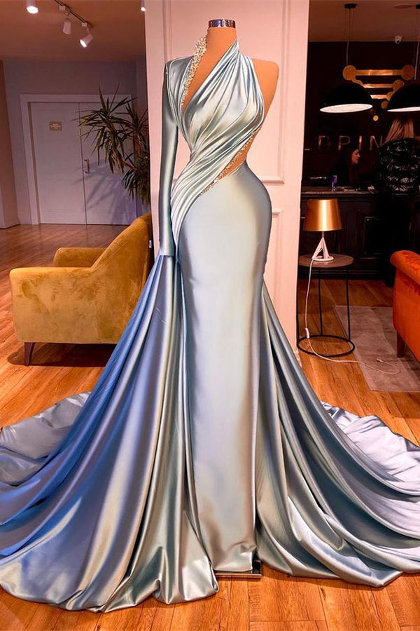 Modern One Shoulder Mermaid Prom Dress With Beads Long Sleeves