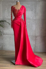 Modern Red Mermaid Evening Dress Lace Appliques Prom Gown Ruffles Long Sleeve