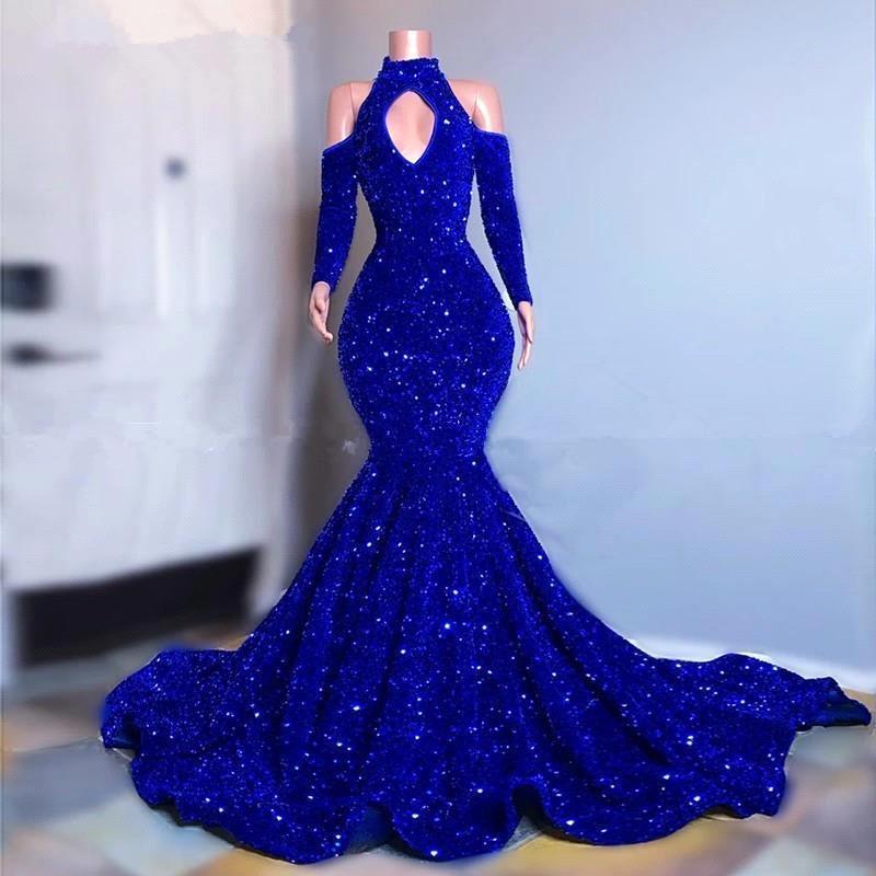 Modern Royal Blue Prom Dress Mermaid Long With Sequins Long Sleeves