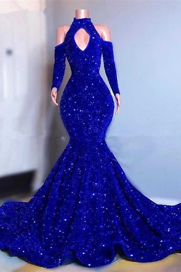 Modern Royal Blue Prom Dress Mermaid Long With Sequins Long Sleeves