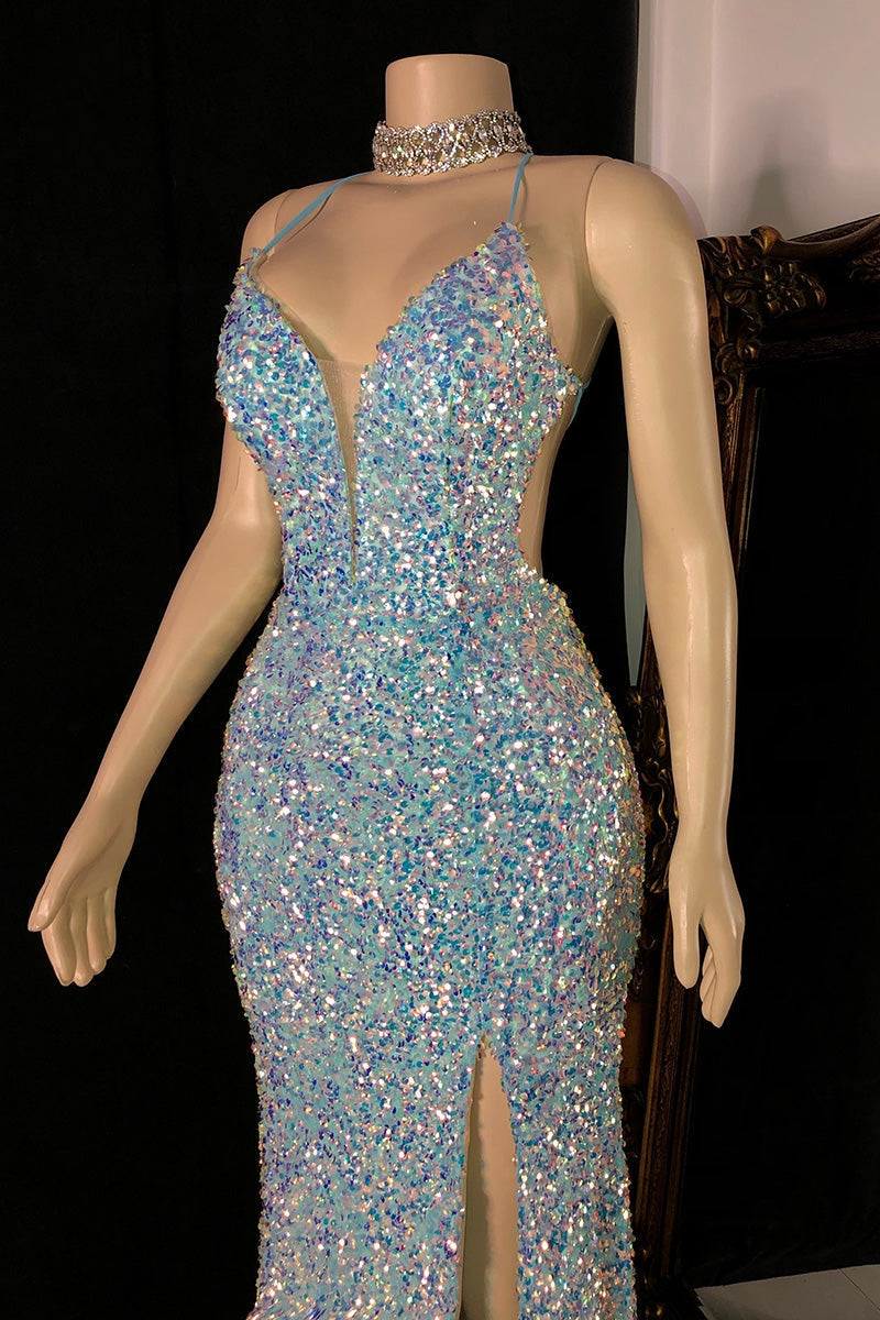 Modern Spaghetti-Straps Sequins Prom Dresses Mermaid Sleeveless With Slit