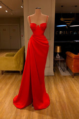 Modern Stunning Round Cup High split Red Prom Dress Spaghetti Strap