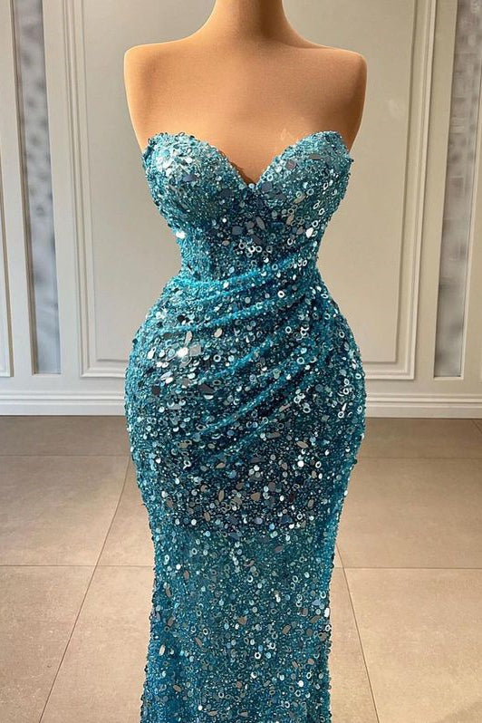 Modern Sweetheart Blue Mermaid Prom Dresses Long With Sequins Beads