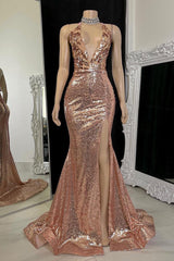 Modern V-Neck Sleeveless Prom Dress Mermaid Sequins With Split