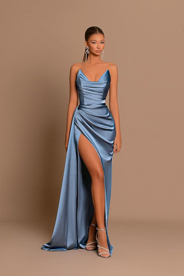 Modest Dusty Blue Sweetheart Prom Dresses Mermaid Slit Long On Sale