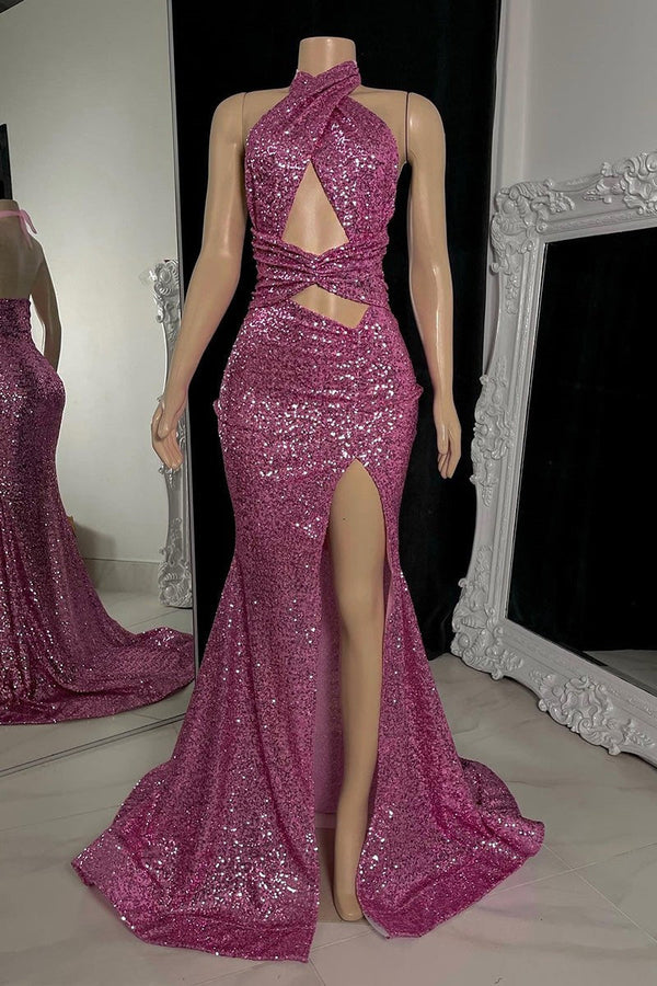 Modest Halter Pink Prom Dresses Sequins Sleeveless Long With Split