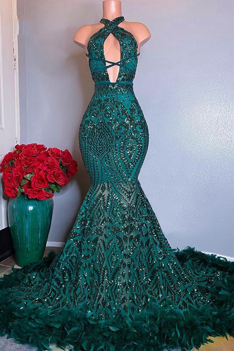 Modest Halter Sleeveless Mermaid Prom Dress Sequins Long With Feather Bottom