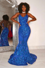 Modest Halter V-Neck Sleeveless Mermaid Prom Dress Sequins Long