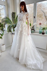 Modest High Collar Long Sleeves A-Line Lace Wedding Dresses with Chapel Train