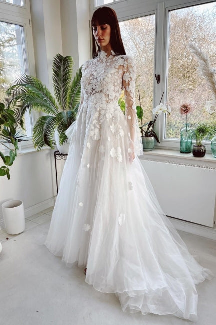 Modest High Collar Long Sleeves A-Line Lace Wedding Dresses with Chapel Train