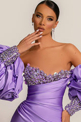 Modest Lilac Detachable Sleeves Prom Dresses Mermaid Sweetheart With Sequins