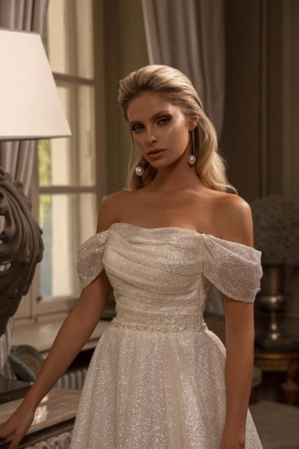Modest Long A-line Off-the-shoulder Glitter Sleeveless Wedding Dresses