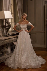 Modest Long A-line Off-the-shoulder Glitter Sleeveless Wedding Dresses