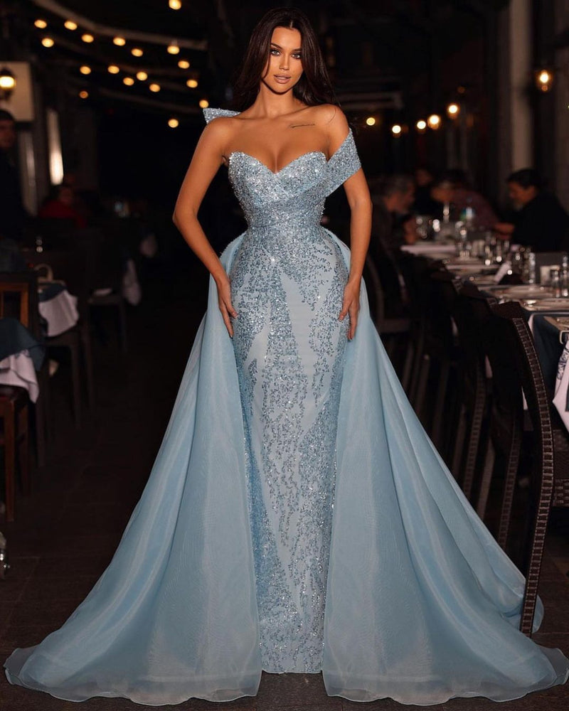 Modest Long Blue A-line Off-the-shoulder Sleeveless Sequined Prom Dress With Detachable Train