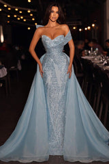 Modest Long Blue A-line Off-the-shoulder Sleeveless Sequined Prom Dress With Detachable Train