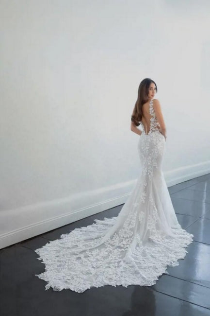 Modest Long Mermaid V-neck Sleeveless Wedding Dresses With Lace