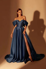 Modest Long Navy Blue A-line Off-the-shoulder Evening Prom Dresseses With Split Online