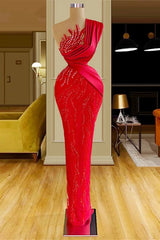Modest Long Red Mermaid One Shoulder Lace Sequined Sleeveless Prom Dress