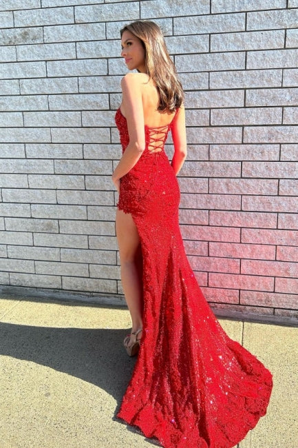 Modest Long Red One Shoulder Glitter Lace Evening Prom Dresseses With Split Online
