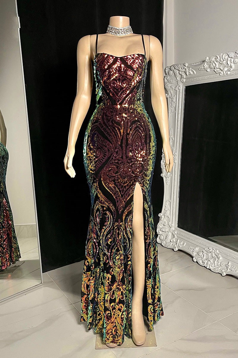 Modest Spaghetti-Straps Mermaid Prom Dress Sequins Sleeveless With Slit