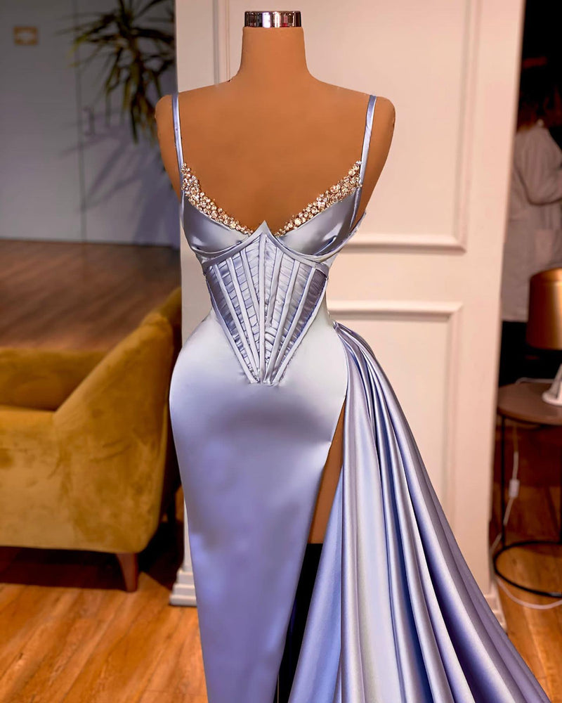 Modest Split Front Sleeveless V-neck Spaghetti Strap Prom Dress