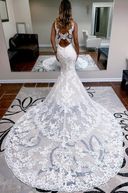 Modest spaghettistraps sleeveless mermaid lace Wedding Dresses