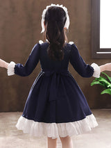 Navy Blue Designed Neckline Tulle Long Sleeves Short A-Line Bows Kids Party Dresses