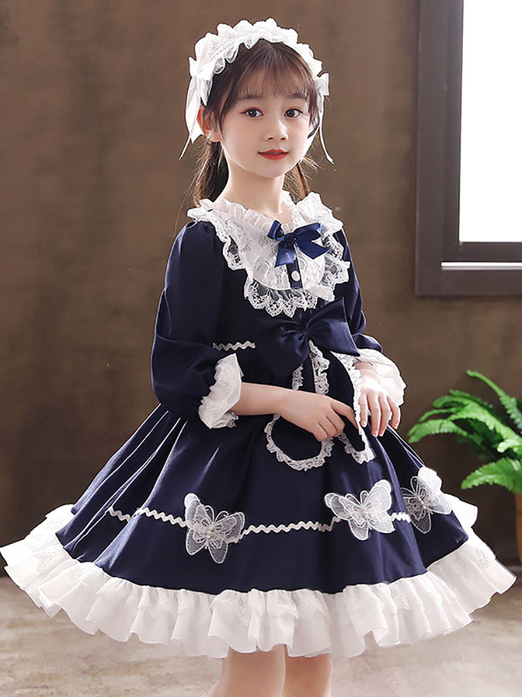Navy Blue Designed Neckline Tulle Long Sleeves Short A-Line Bows Kids Party Dresses