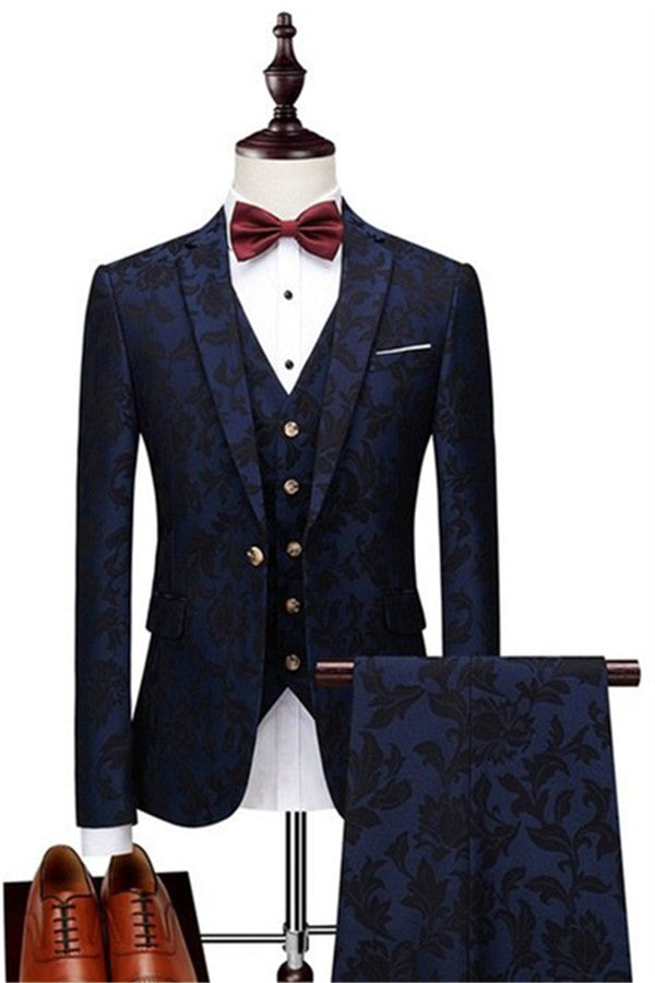 Navy Blue Jacquard Men's Prom Suits High Quality Gorgeous Tuxedo with Three Pieces