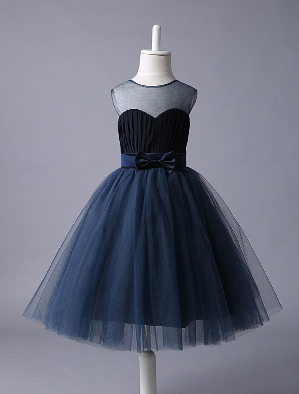 Navy Blue Sweetheart Neckline Tutu Dress Bow Sash Short Kids Formal Party Dress