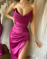 New Arrival Ankle Length Strapless Charming Evening Party Gowns Long Slit Online