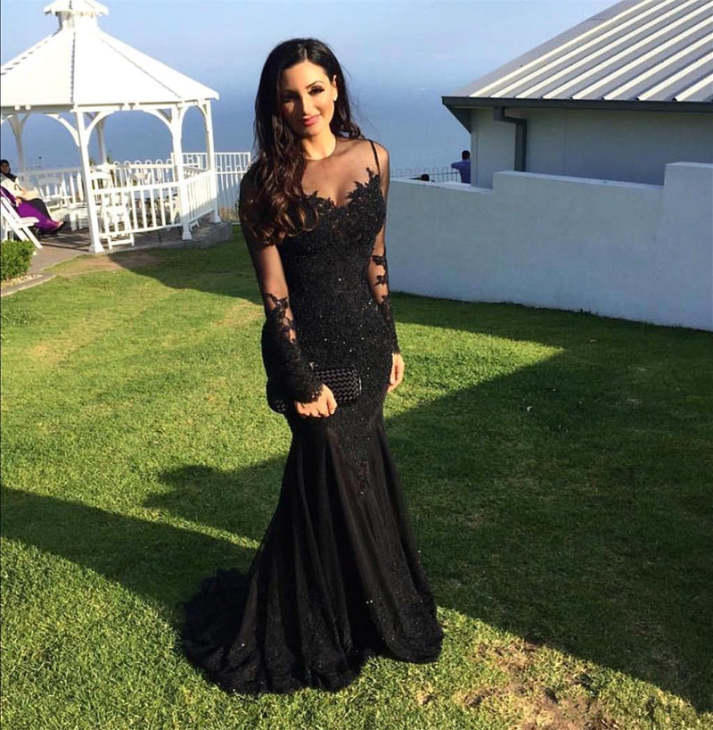 New Arrival Black Long Sleevess Lace Mermaid Prom Dress Sequins Long