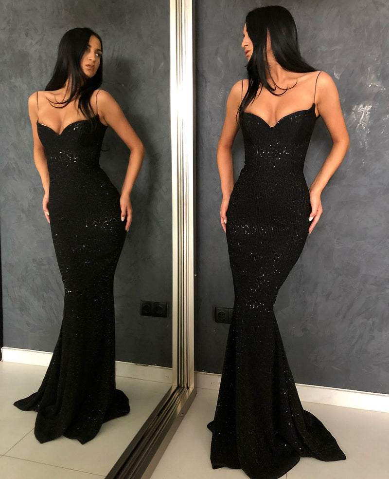 New Arrival Black Spaghetti-Strapss Mermaid Prom Dress Sequins Long