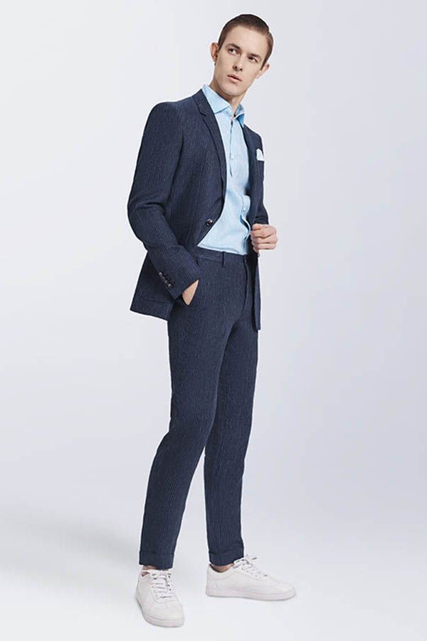 New Arrival Dark Navy Mens Casual Suits Stripes Patch Pockets Daily Men's Suits