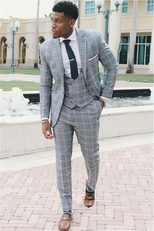 New Arrival Grid Men Suits Three-Piece Notch Lapel Slim Fit Prom Suit