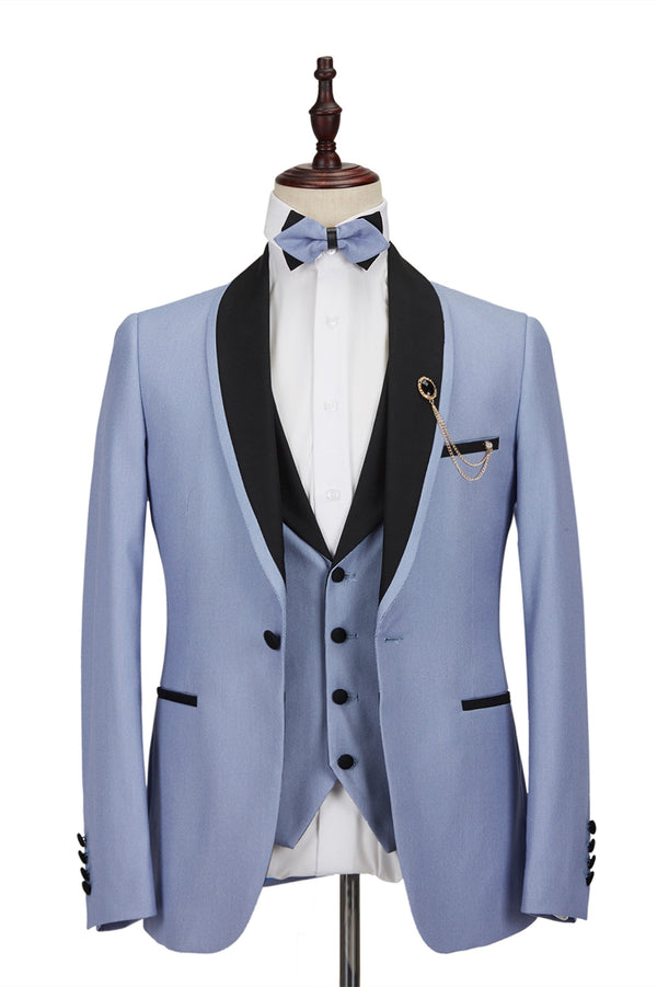 New Arrival Light Blue Amazing Black Shawl Lapel One Button Men's Formal Suit for Wedding