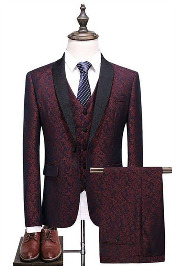 New Arrival Men's Suits Burgundy Check Design Prom Suits Three Pieces One Button Formal Tuxedos