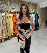 New Arrival Off-the-Shoulder Mermaid Black Evening Party Gowns with Appliques