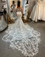 New Arrival Off-the-Shoulder Sleeveless Mermaid Lace Bridal Gown with Cathedral Train