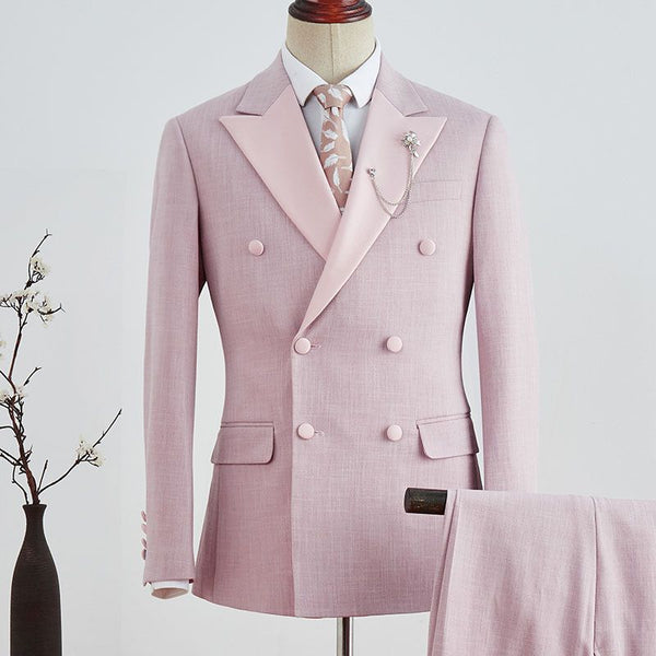 New Arrival Pink Plaid Peaked Lapel Double Breasted Prom Suit