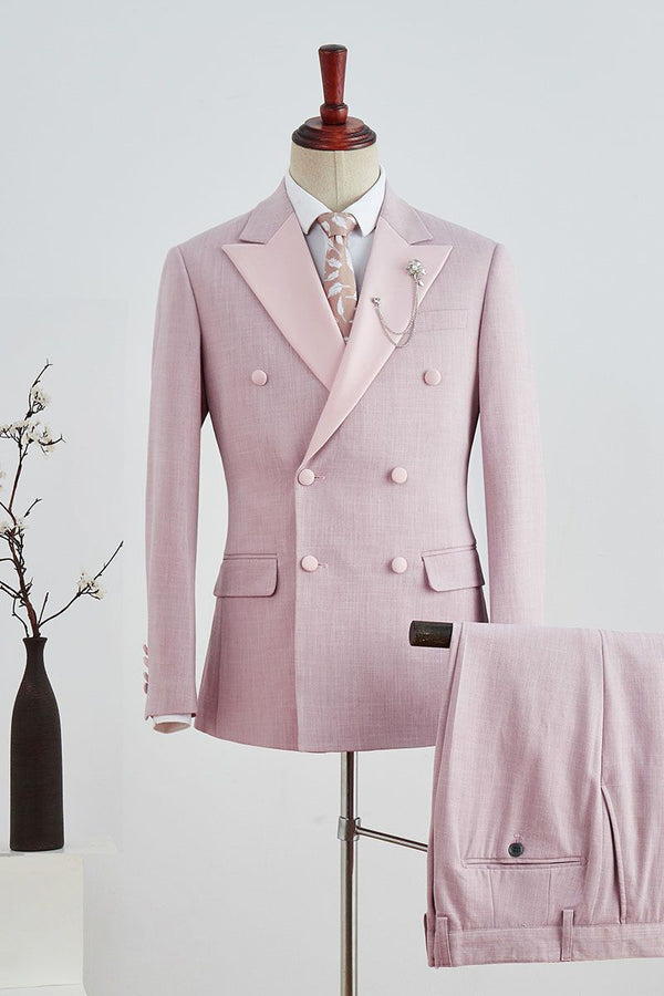 New Arrival Pink Plaid Peaked Lapel Double Breasted Prom Suit