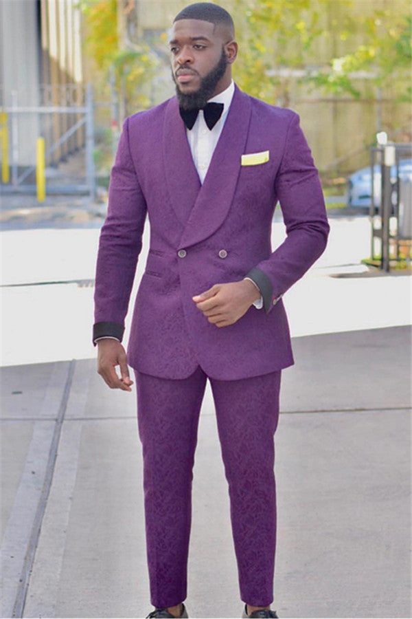 New Arrival Purple Slim Fit Groom Tuxedos Jacquard Prom Outfits Suits