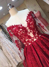 New Arrival Red Prom Dresses Off-the-Shoulder Lace Appliques Long Sleeves Puffy Evening Gowns