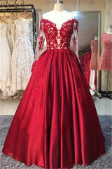 New Arrival Red Prom Dresses Off-the-Shoulder Lace Appliques Long Sleeves Puffy Evening Gowns