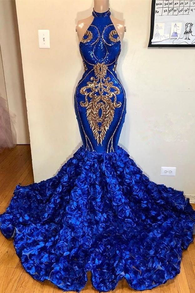 New Arrival Royal Blue Halter Mermaid Prom Dresses Glamorous Sleeveless Flowers Long Evening Gowns