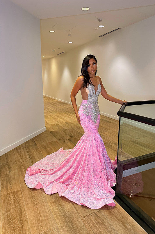 New Arrival Sleeveless Mermaid Sequins Evening Party Gowns With Ruffles Long