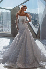 New Arrival Strapless Sleeveless Sequins Bridal Gown With Ruffles Long
