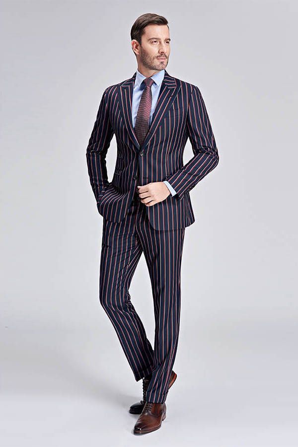 New Arrival Stripes Dark Navy Mens Suits Peak Lapel Three Flap Pockets Suits for Men